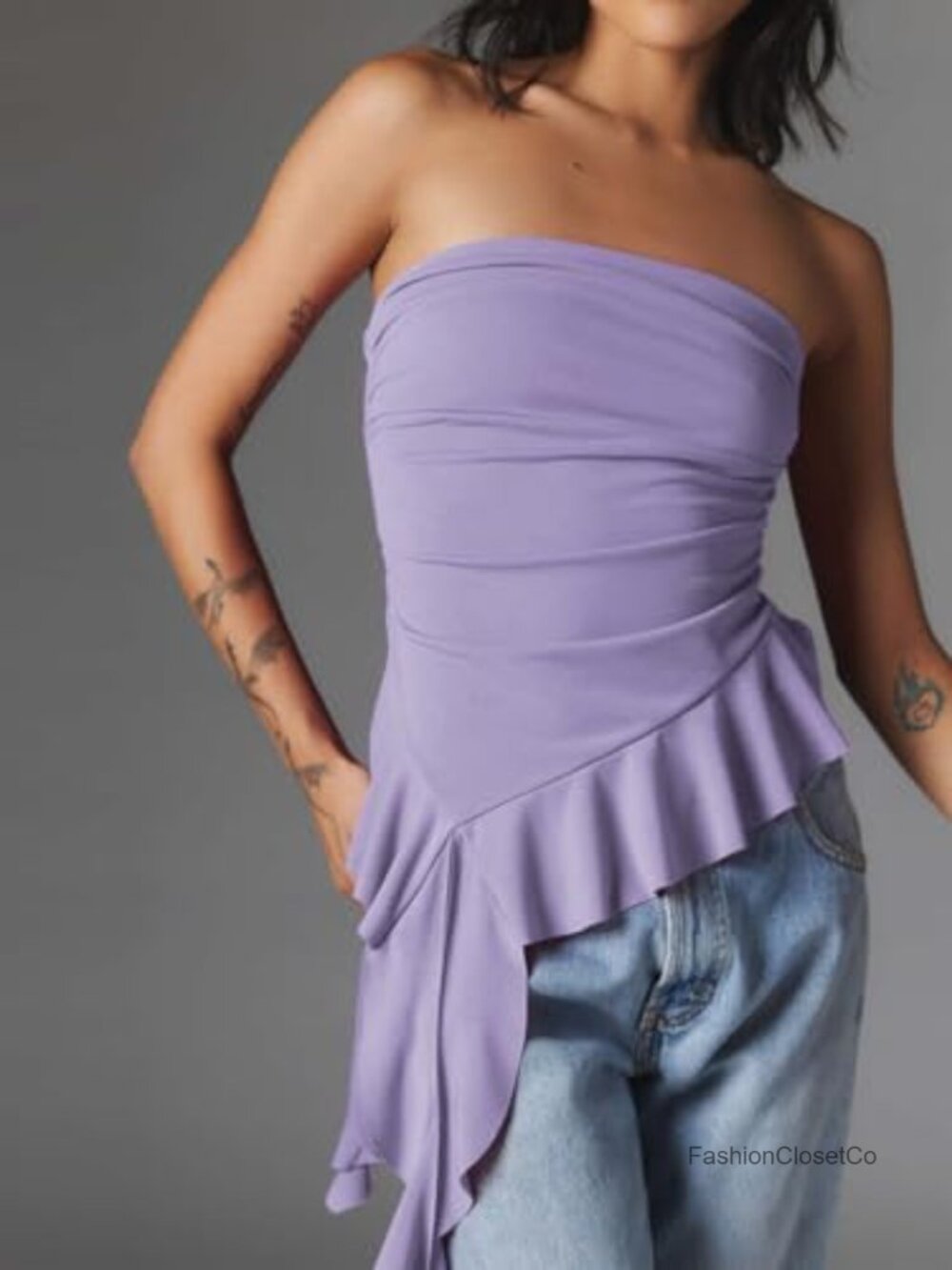Strapless Tube Top Ruffled Asymmetrical Hem Ruched Bandeau Cami Tank - Picture 3 of 6